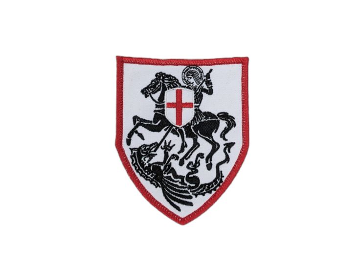 St George and the Dragon, Black and White with Red Border, Badge, Patch, England patron saint, Medieval icon, National flag emblem, Barcelona and Catalonia, Shield