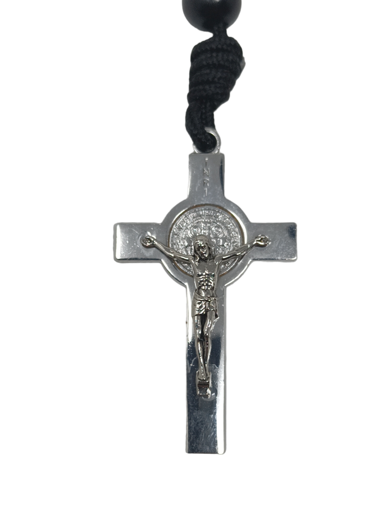 Paracord Black Rosary keyring, Silver St Benedict crucifix, One decade metal & knot Rosary, Strong, Catholic Rosary, Pilgrimages, Knotted Rosary, Unbreakable, Waterproof