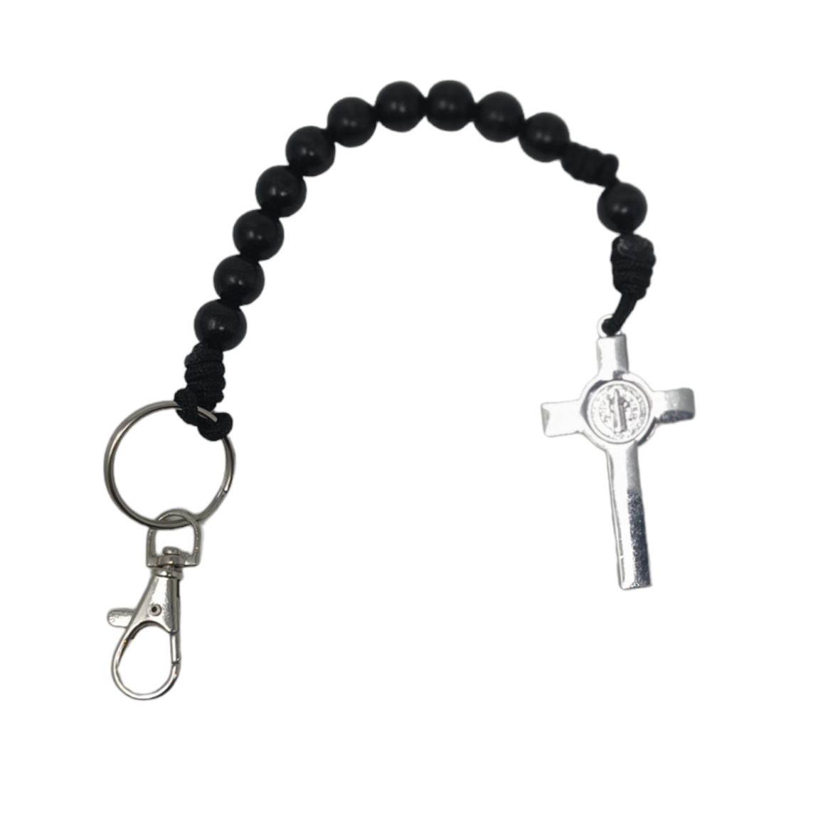Paracord Black Rosary keyring, Silver St Benedict crucifix, One decade metal & knot Rosary, Strong, Catholic Rosary, Pilgrimages, Knotted Rosary, Unbreakable, Waterproof