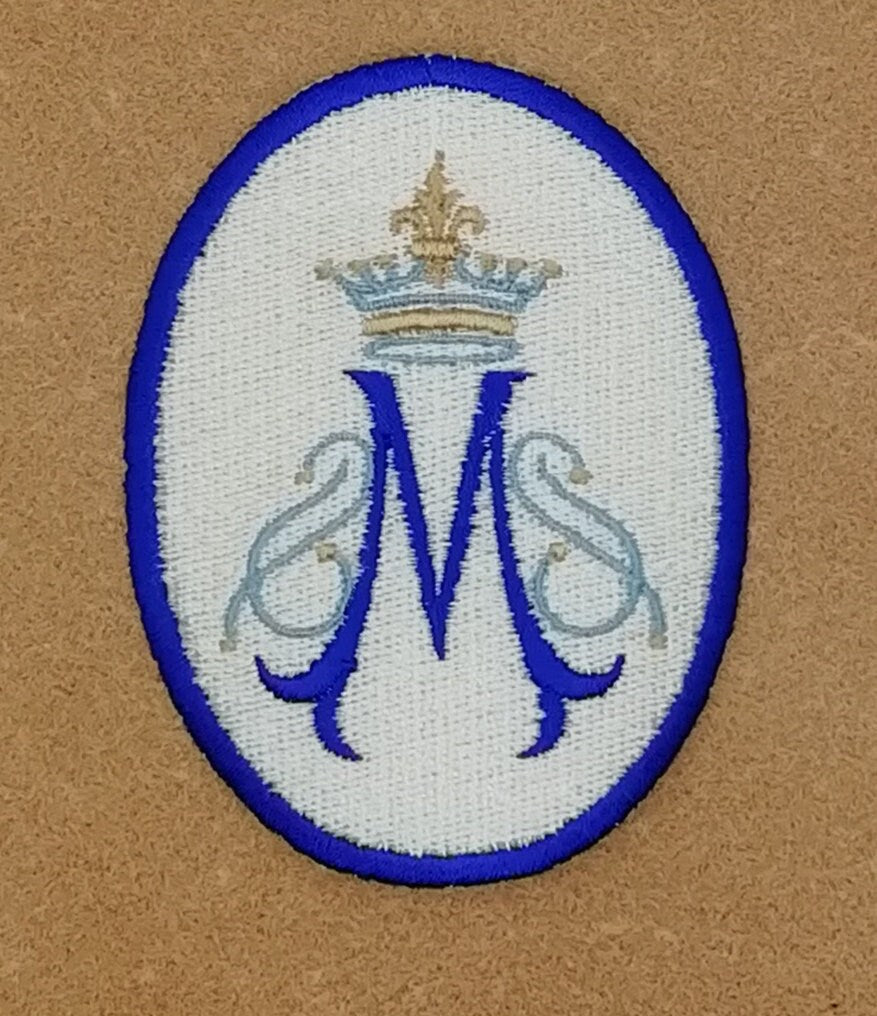 Marian symbol with crown patch, religious patch, iron on badge, sew on patch, embroidered badge, embroidered patch, crown, pilgrimage