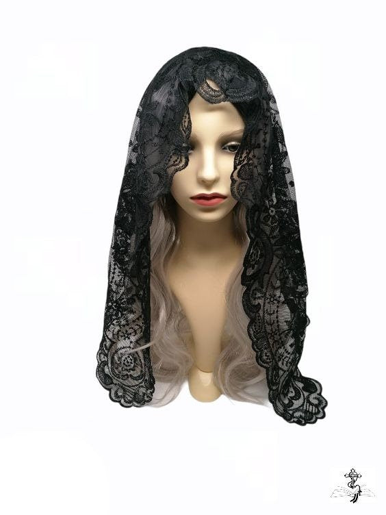 Black Floral Style Lace Mantilla Veil | Embroidered Catholic Chapel Veil | Church Head Covering for Mass