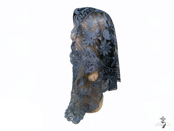 1 - Mantilla, Blue, Catholic veil, Catholic mantilla, Church veil, Veil, Mantille Catholique, Church Mantilla, Spanish veil, Veils, Mantle veil