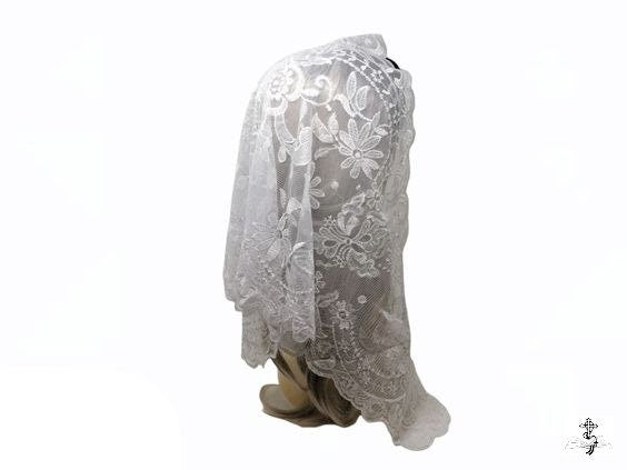 White Floral Style Lace Mantilla Veil | Embroidered Catholic Chapel Veil | Church Head Covering for Mass