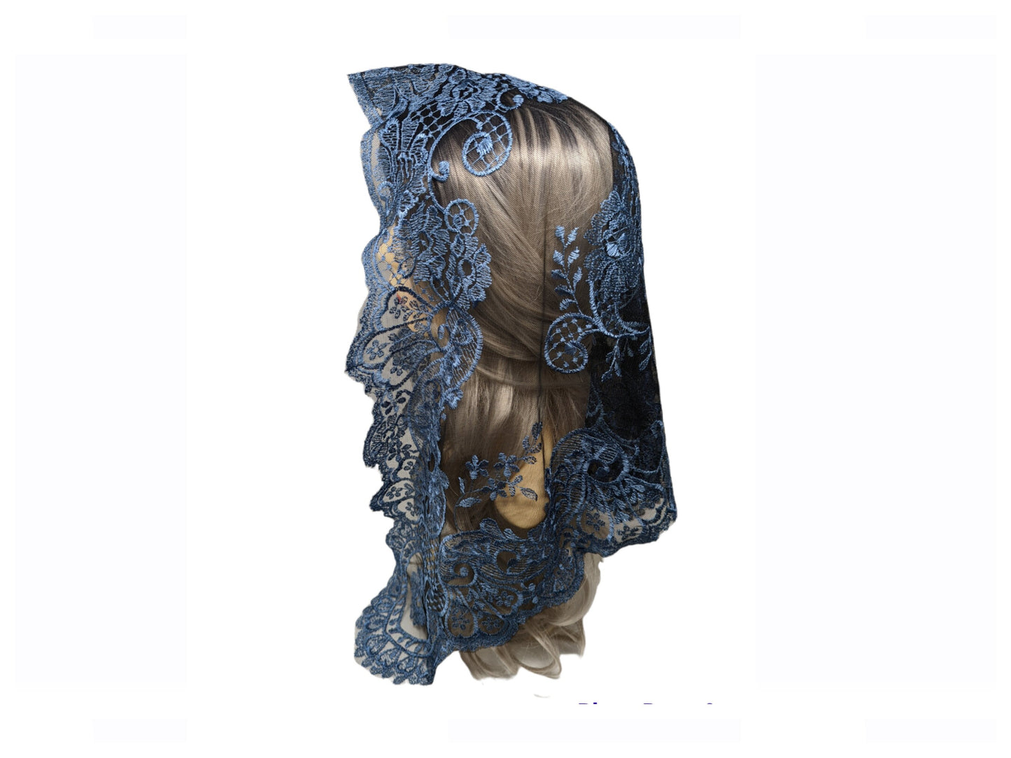 Spanish Style Catholic Church Head Covering | Blue Lace Mantilla Veil | Chapel Veil for Mass & Eucharistic Adoration