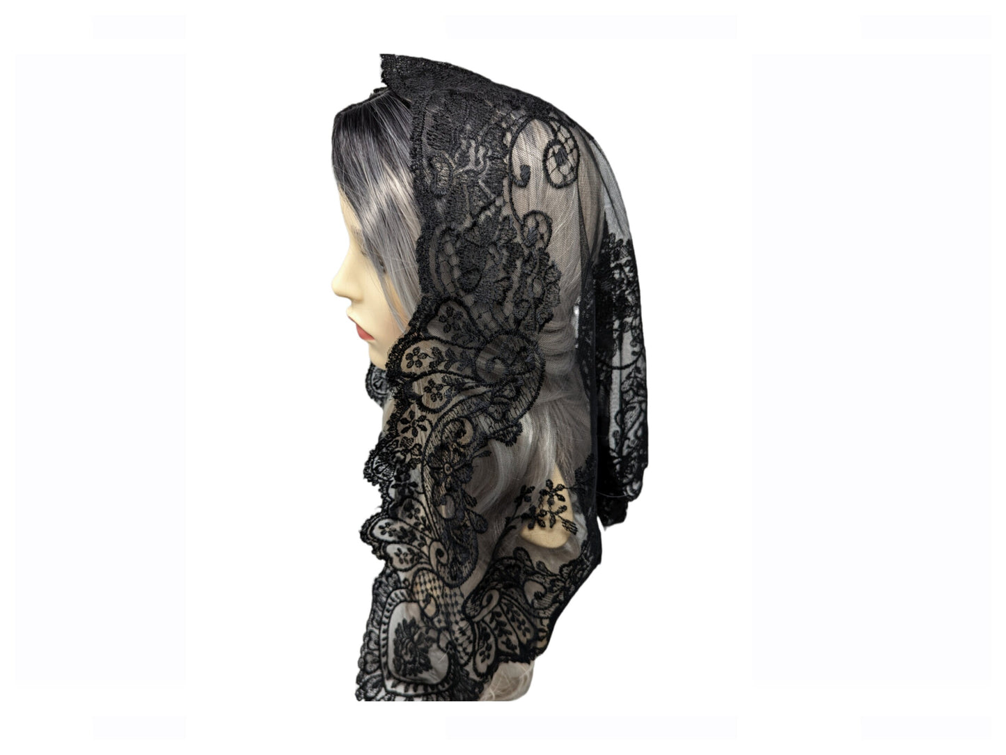 Spanish Style Catholic Church Head Covering | Black Lace Mantilla Veil | Chapel Veil for Mass & Eucharistic Adoration