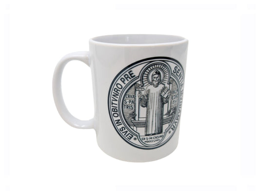 Saint Benedict, b. & w. St. Benedict medal, Catholic Mug, Catholic gift, Stocking stuffer, Baptism, Holy Communion, Confirmation, Present