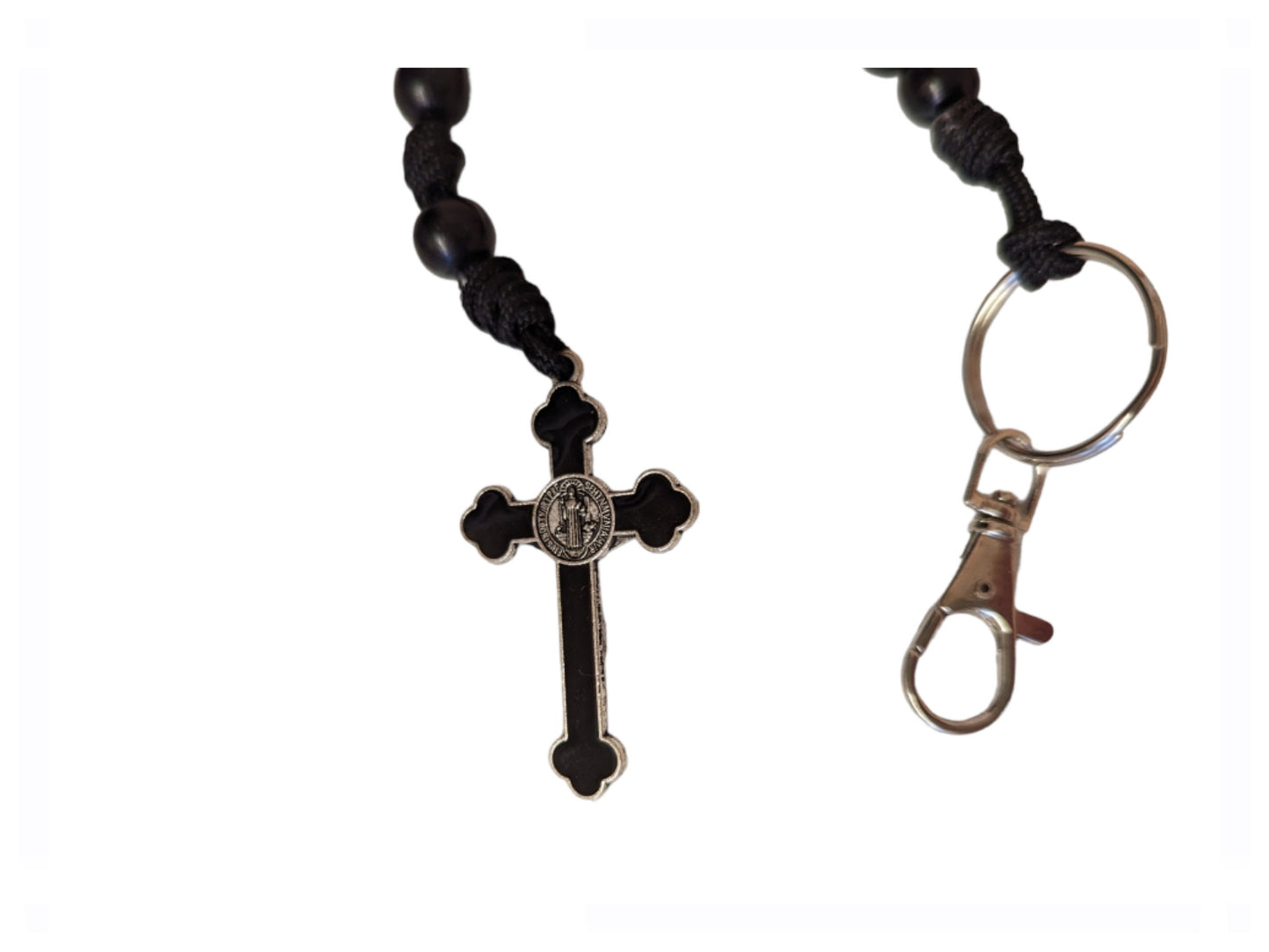 Paracord Black Rosary keyring, Black St Benedict crucifix, One decade metal & knot Rosary, Strong, Catholic Rosary, Pilgrimages, Knotted Rosary, Unbreakable, Waterproof