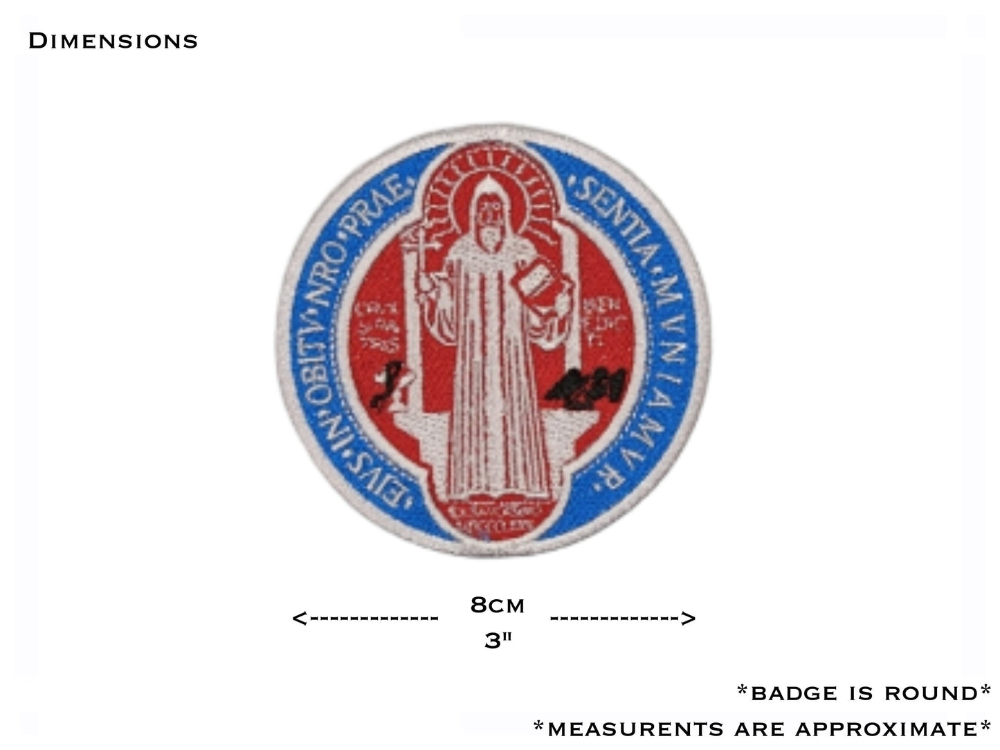St Benedict Badge front, Benedict of Nursia, religious patch, iron on badge, sew on patch, embroidered bage, embroidered patch, pilgrimage