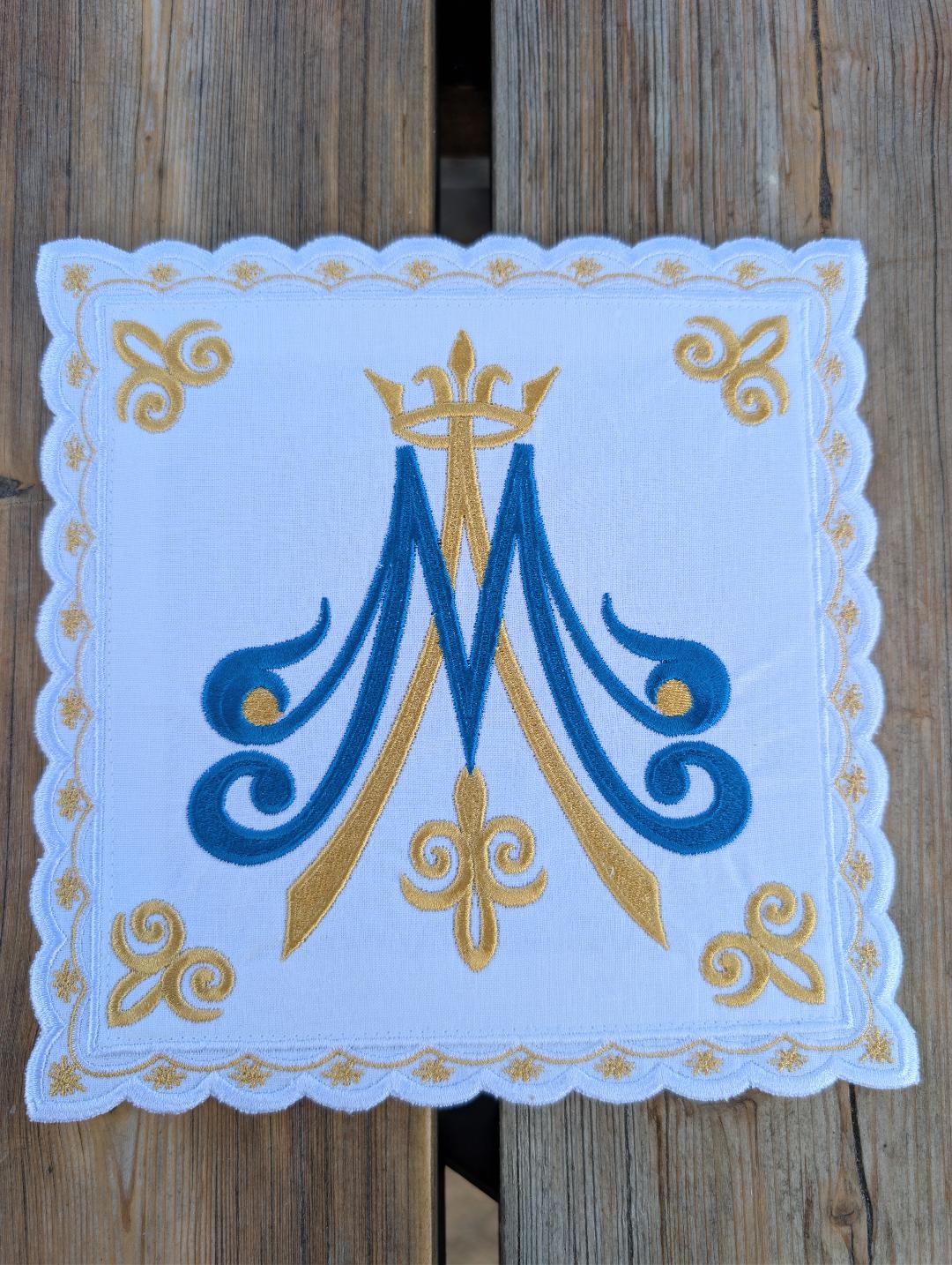 Embroidered Linen Chalice Pall | Marian MA Symbol | Catholic Altar Linen