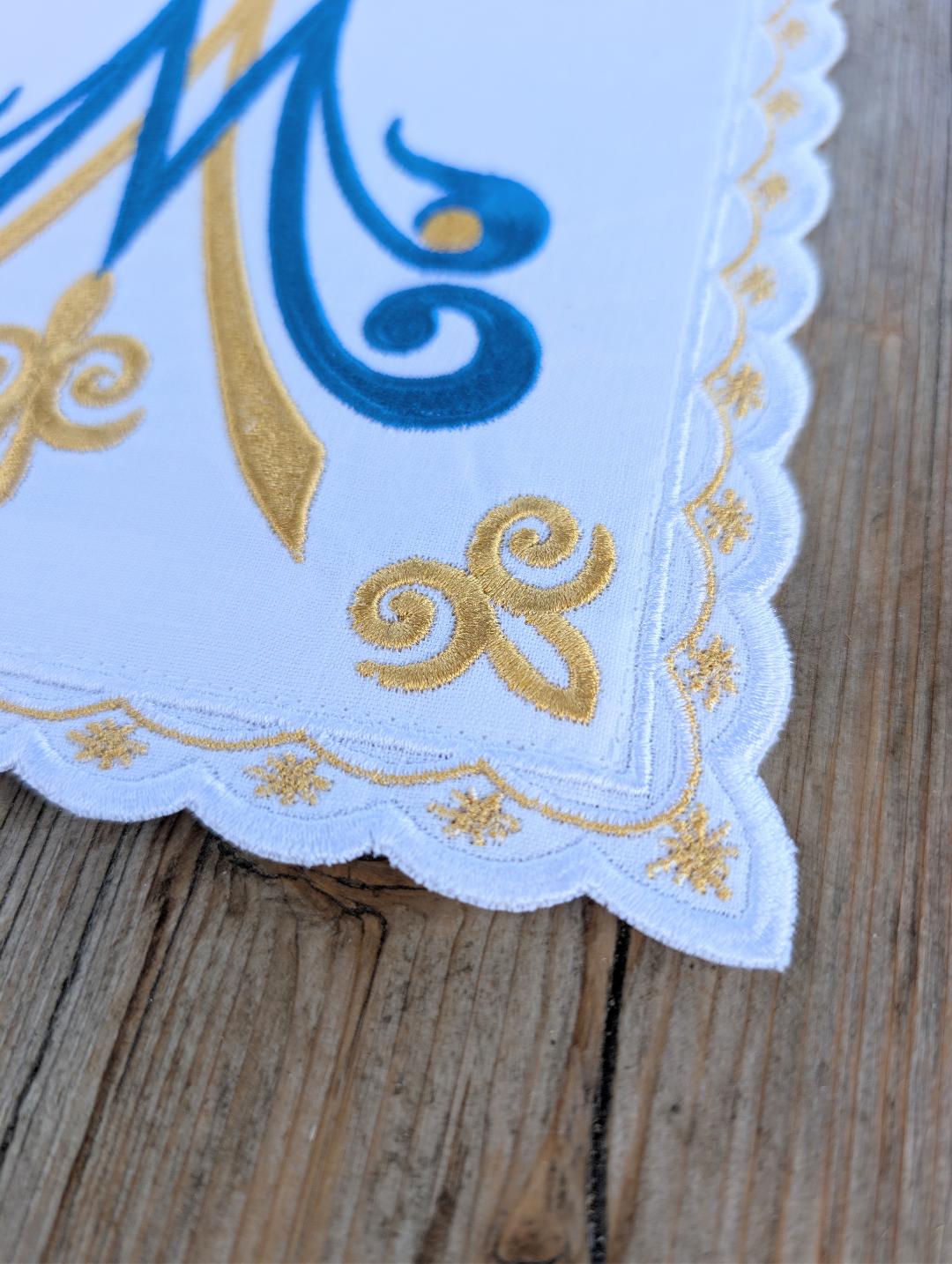 Embroidered Linen Chalice Pall | Marian MA Symbol | Catholic Altar Linen