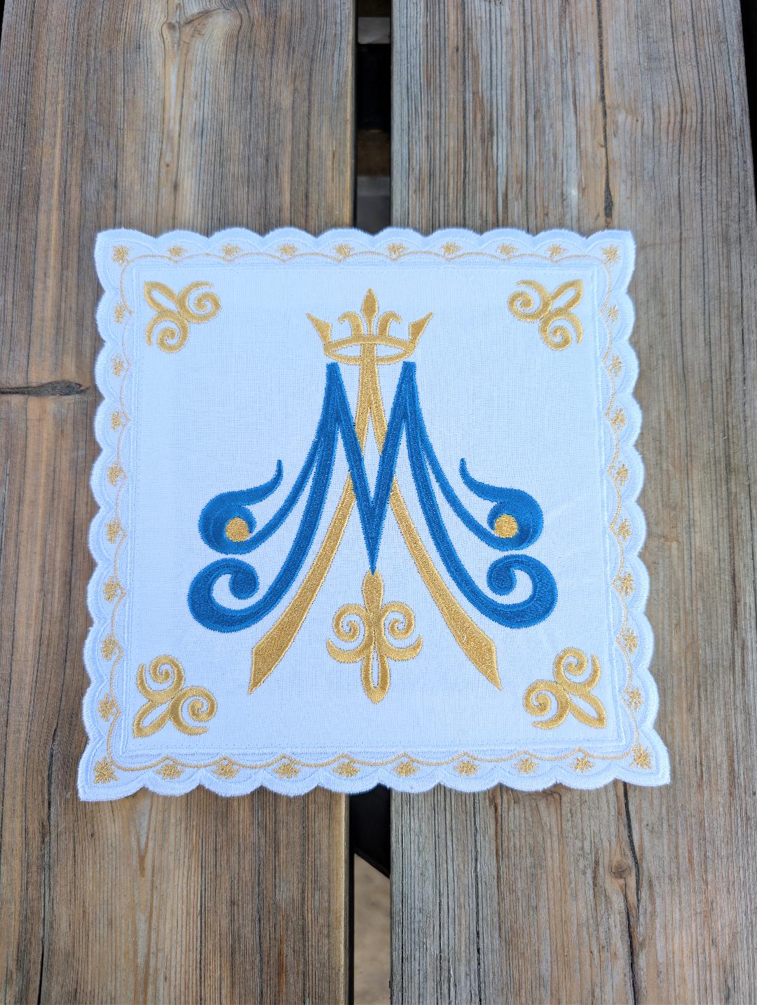 Embroidered Linen Chalice Pall | Marian MA Symbol | Catholic Altar Linen