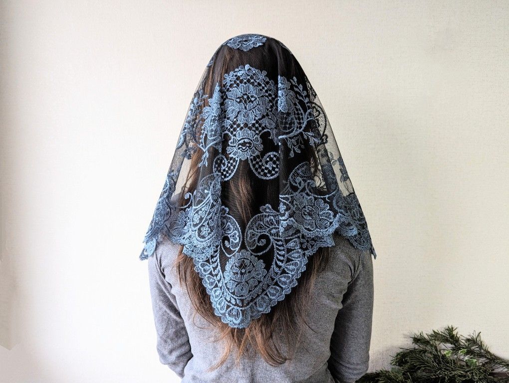 Spanish Style Catholic Church Head Covering | Blue Lace Mantilla Veil | Chapel Veil for Mass & Eucharistic Adoration