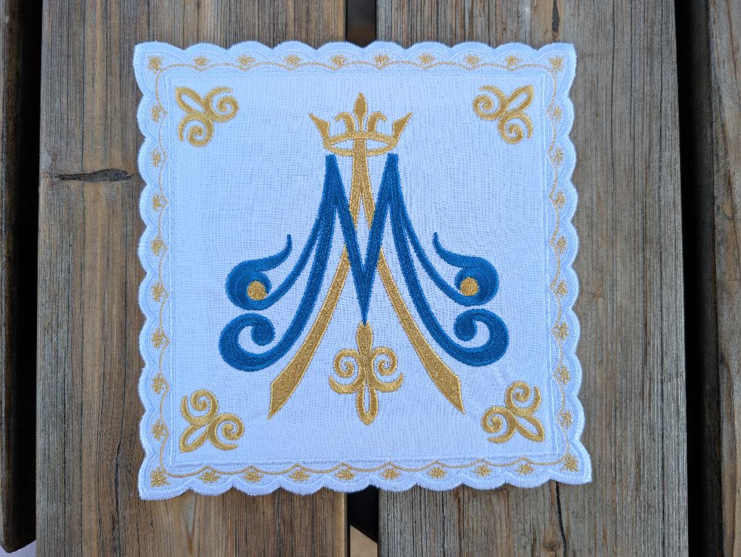 Embroidered Linen Chalice Pall | Marian MA Symbol | Catholic Altar Linen