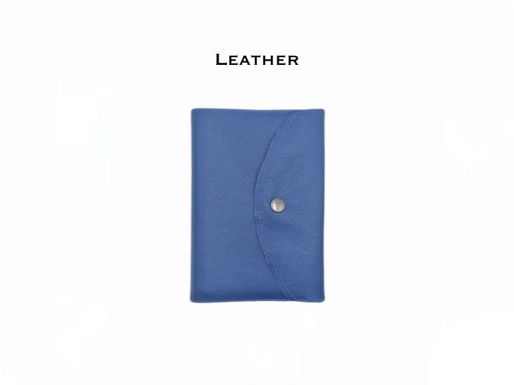 Blue genuine leather envelope-style missal cover shown closed from the front