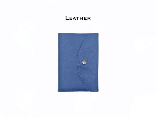 Blue genuine leather envelope-style missal cover shown closed from the front