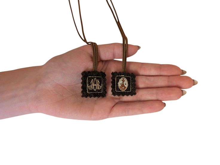 Tiny Brown Scapular | Mini Wool Scapular with Carmelite Symbols | Our Lady of Mount Carmel | Catholic Gift