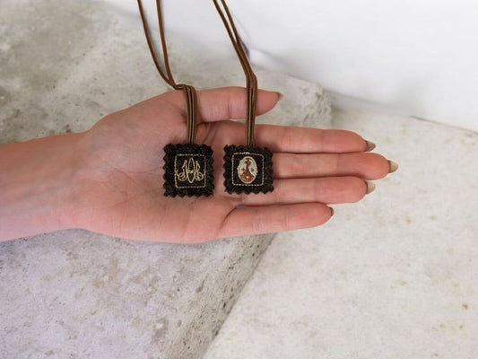 Tiny Brown Scapular | Mini Wool Scapular with Carmelite Symbols | Our Lady of Mount Carmel | Catholic Gift