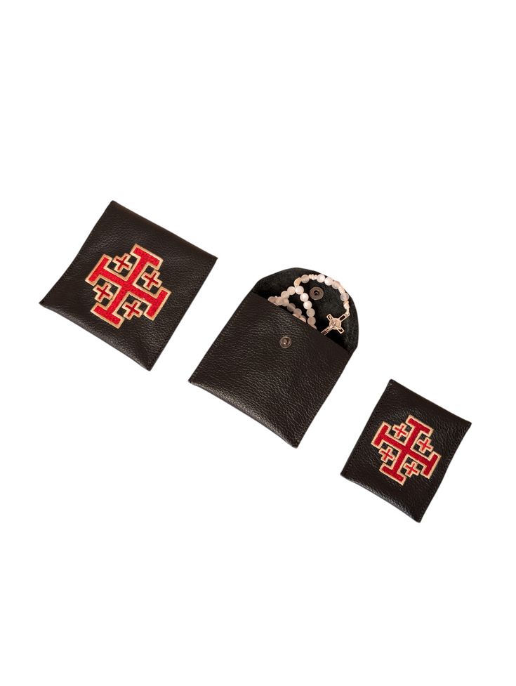 Jerusalem Cross rosary case,  embroidered rosary case, rosary pouch, leather pouch, case, rosary bag
