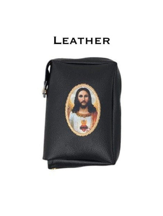 Black genuine leather zipped book cover with Sacred Heart of Jesus medallion image