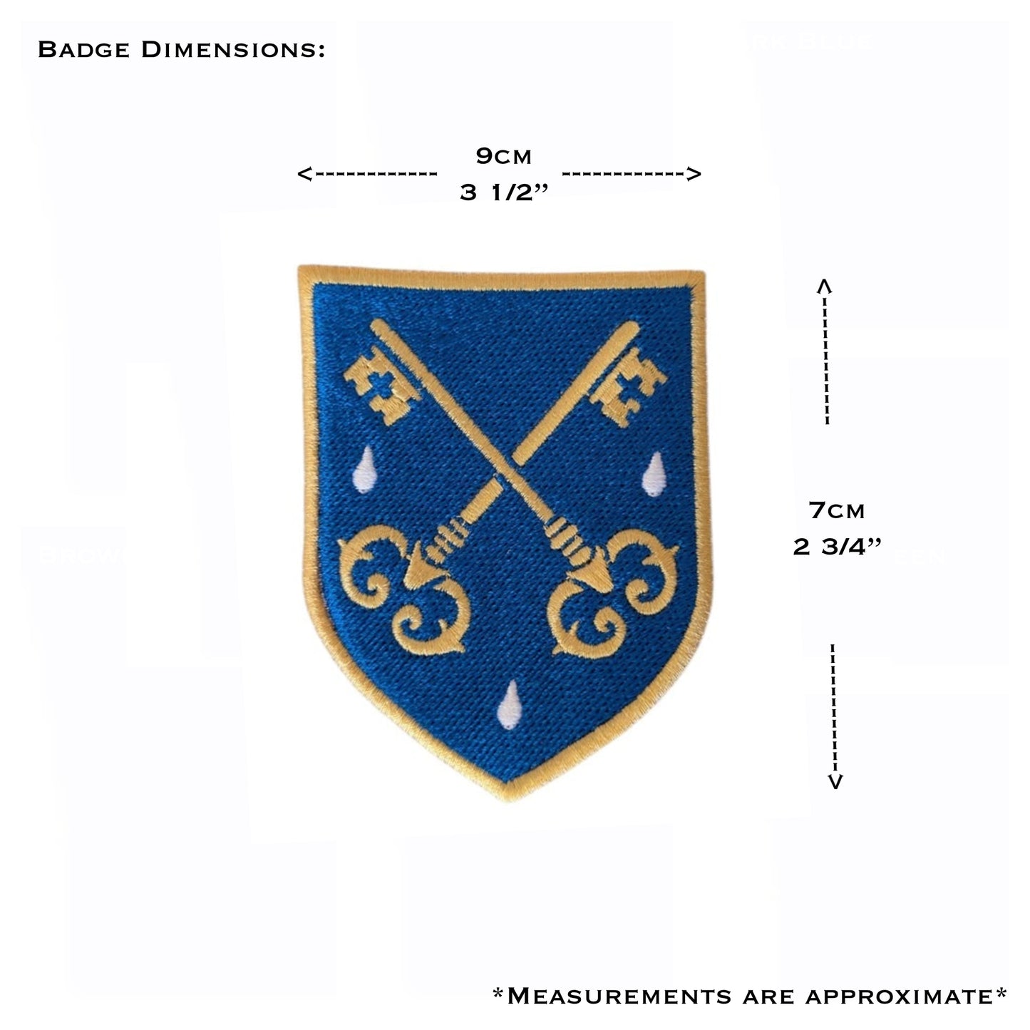 Colour embroidered FSSP badge with approximate dimensions of 9 cm x 7 cm (3 1/2 x 2 3/4 inches), shown in metric and imperial measurements