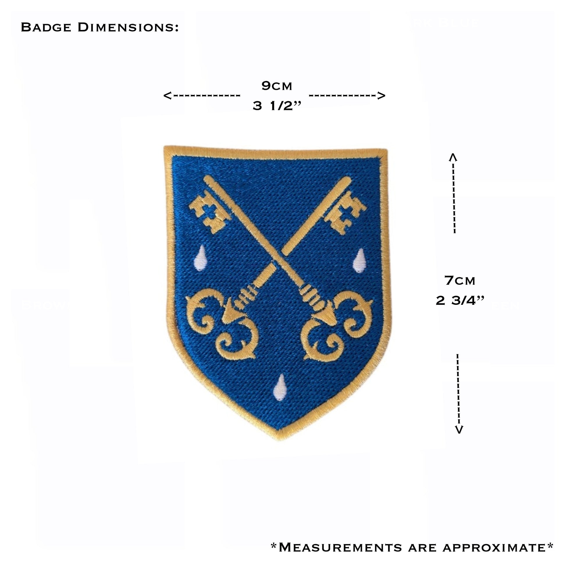 Colour embroidered FSSP badge with approximate dimensions of 9 cm x 7 cm (3 1/2 x 2 3/4 inches), shown in metric and imperial measurements