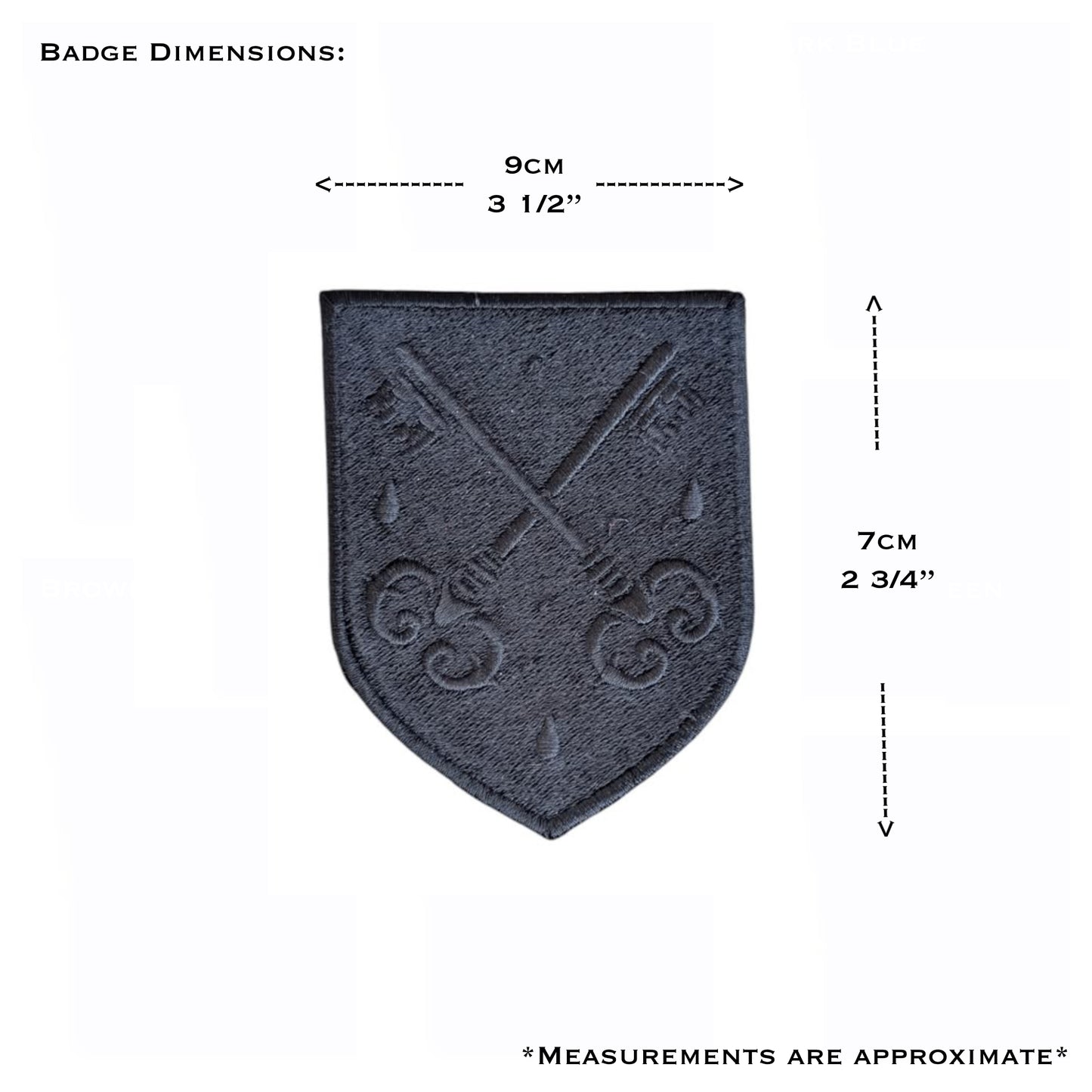 Black embroidered FSSP badge with approximate dimensions of 9 cm x 7 cm (3 1/2 x 2 3/4 inches), shown in metric and imperial measurements