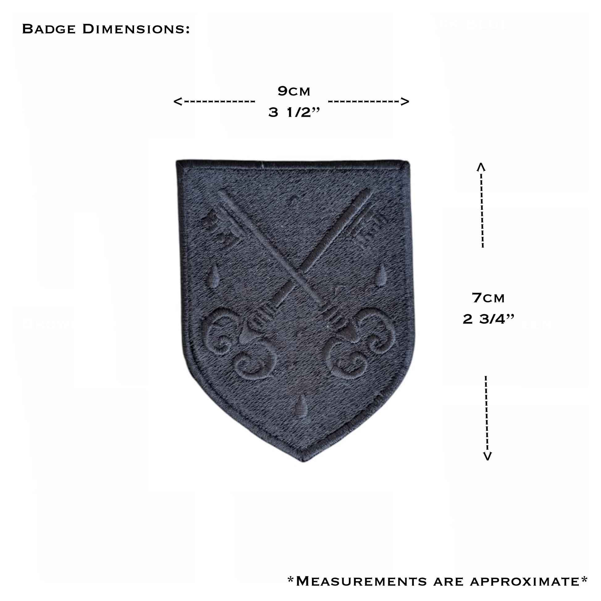 Black embroidered FSSP badge with approximate dimensions of 9 cm x 7 cm (3 1/2 x 2 3/4 inches), shown in metric and imperial measurements