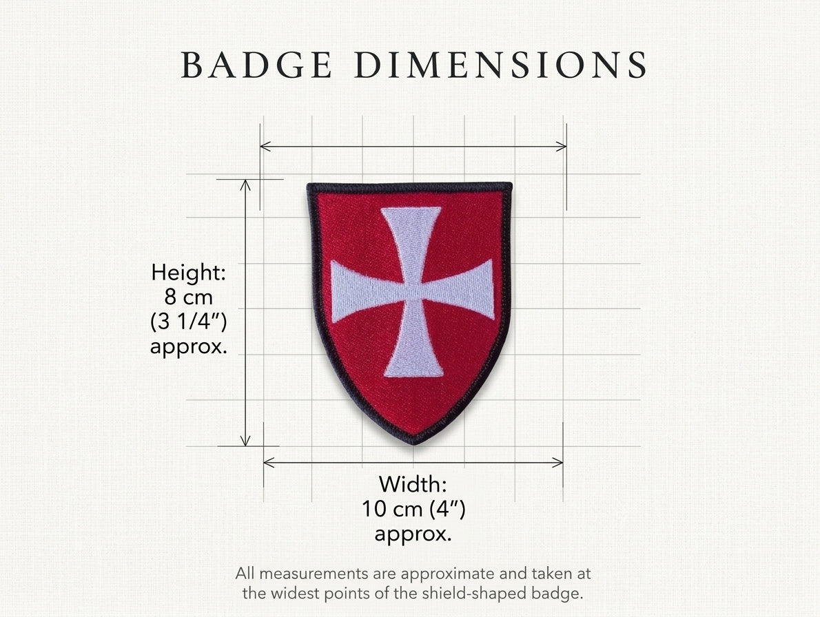 Infographic showing the dimensions of the red shield-shaped Knights Hospitaller embroidered badge, measuring approximately 10 cm x 8 cm (4 x 3 1/4 inches) at its widest points.