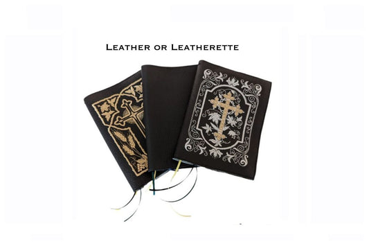 Three Magnificat and Benedictus book covers arranged in a fan shape, showing plain and ornate cross embroidery options in leather or leatherette