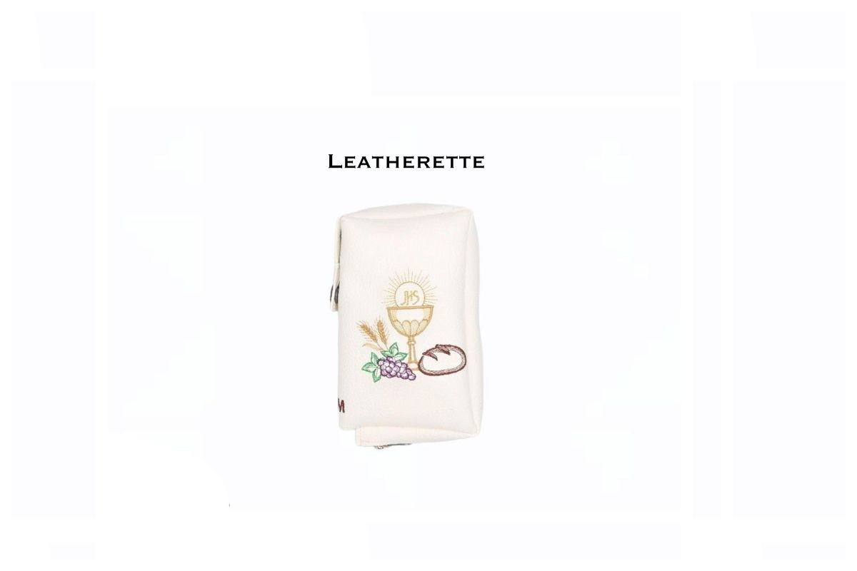 White leatherette zipped book cover with Chalice, grapes and bread embroidery, shown from the front