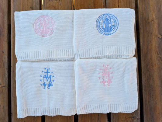 Catholic Baby Blanket | St Benedict or Miraculous Medal Gift | Our Lady of Guadalupe