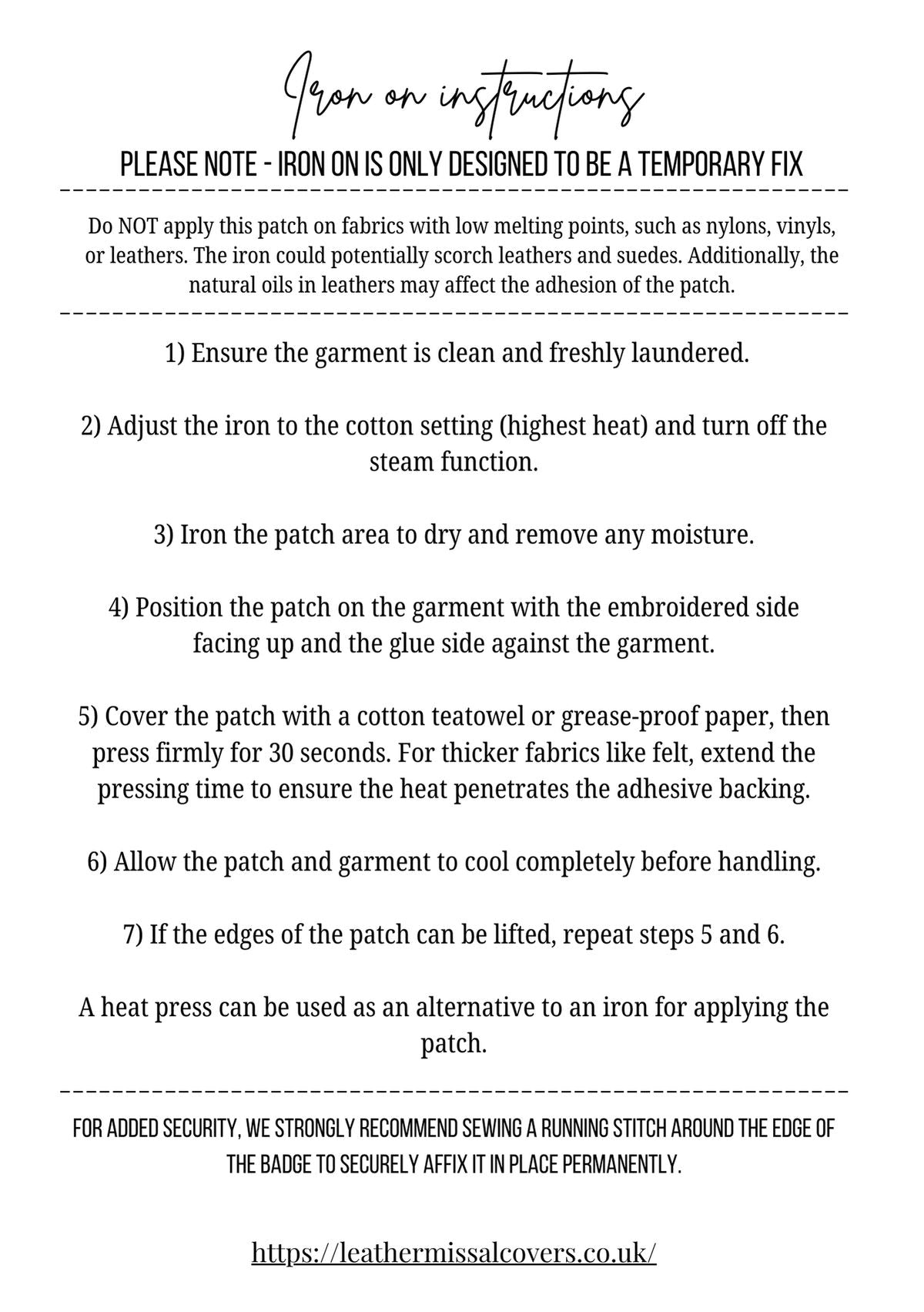 Instructions showing how to apply the embroidered badge to fabric using the iron-on backing and additional stitching for secure attachment