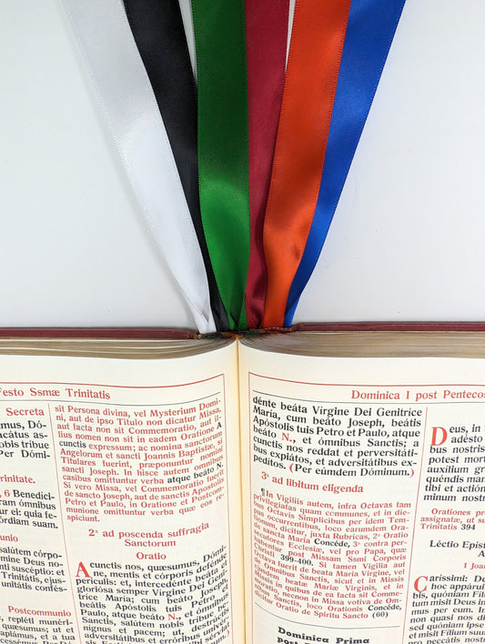 Custom Missal Ribbon Marker | 6 Satin Ribbons on Leather Tab | Replacement Ribbon for Altar Missals & Liturgical Books