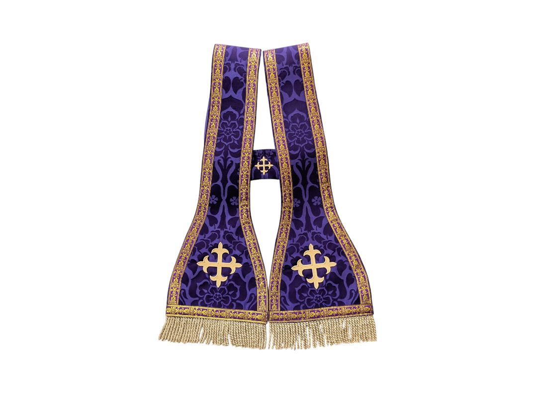 Fleur de Lys Cross Stole - Purple Priest Stole with Intricate Embroidery – Liturgical Vestment