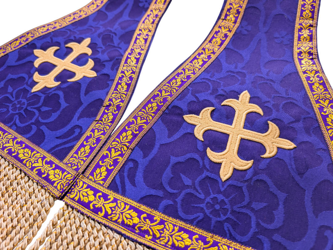 Fleur de Lys Cross Stole - Purple Priest Stole with Intricate Embroidery – Liturgical Vestment