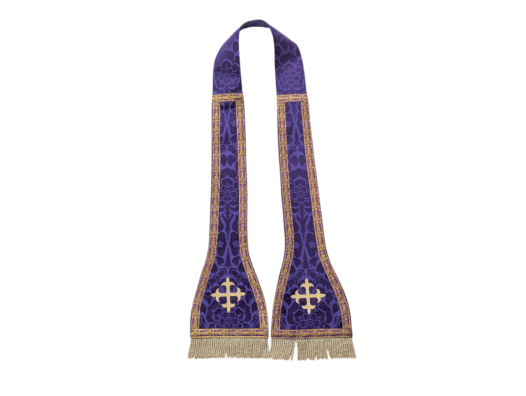 Fleur de Lys Cross Stole - Purple Priest Stole with Intricate Embroidery – Liturgical Vestment