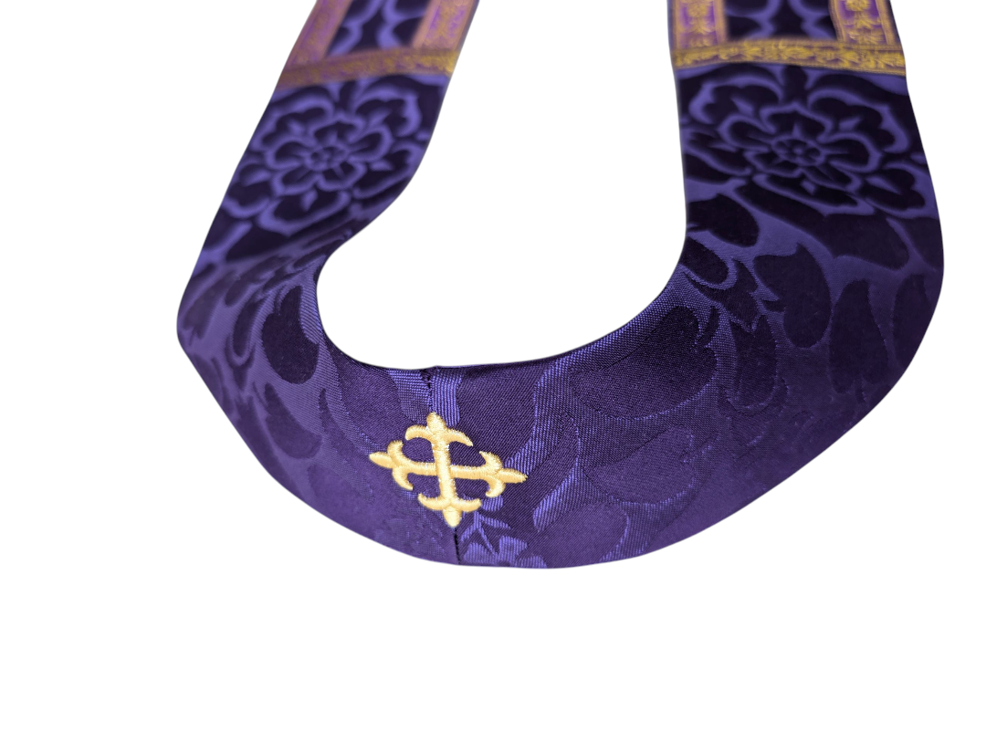 Fleur de Lys Cross Stole - Purple Priest Stole with Intricate Embroidery – Liturgical Vestment