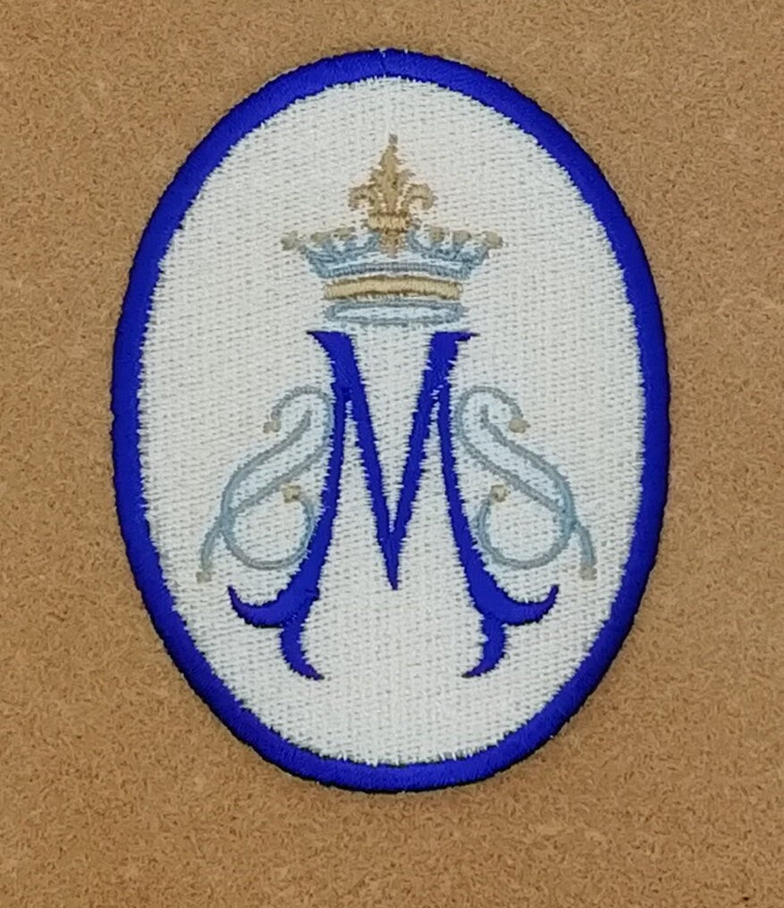 Marian symbol with crown patch,  religious patch, iron on badge, sew on patch, embroidered badge, embroidered patch, crown,  pilgrimage