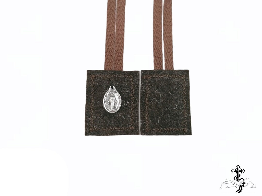 Brown scapular, Our Lady of Mount Carmel, Multiple sizes, Miraculous Medal, St Benedict cross, Catholic, Escapulario, Wool Scapular, brown