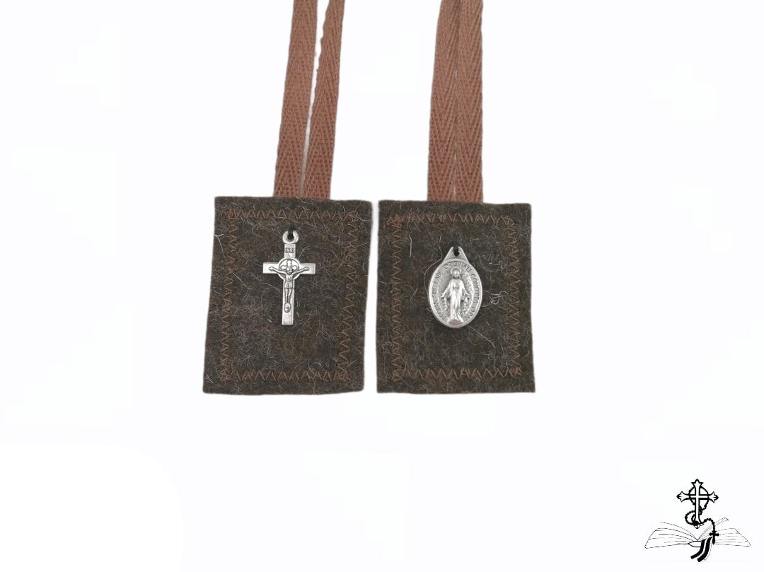Brown scapular, Our Lady of Mount Carmel, Multiple sizes, Miraculous Medal, St Benedict cross, Catholic, Escapulario, Wool Scapular, brown