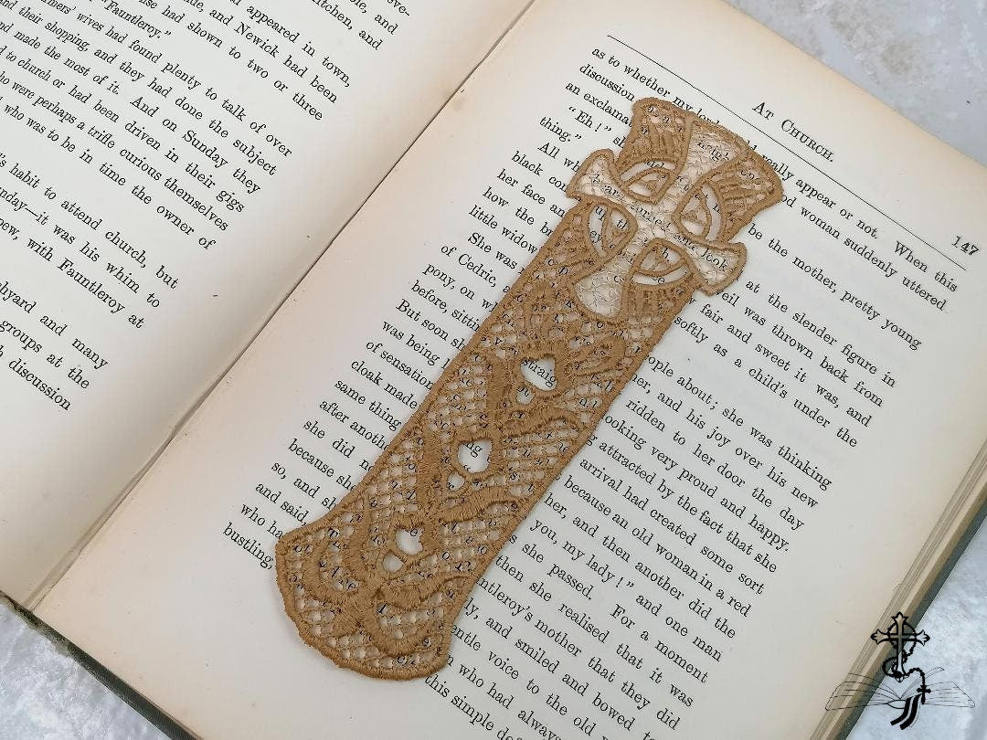 Lace bookmark, lace anniversary, lace bookmark, embroidered bookmark, fsl embroidery, book lover gift, 13th anniversary, celtic cross