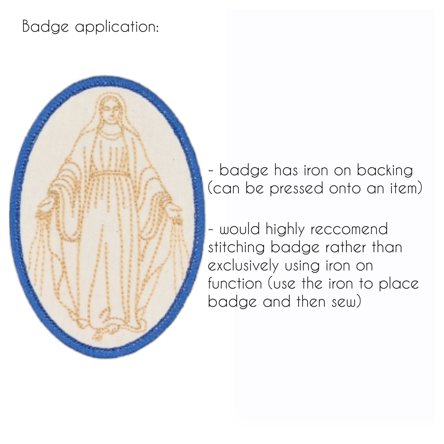 Our Lady of Grace badge, religious patch, iron on badge, sew on patch, embroidered badge, embroidered patch, Heart of Mary, pilgrimage