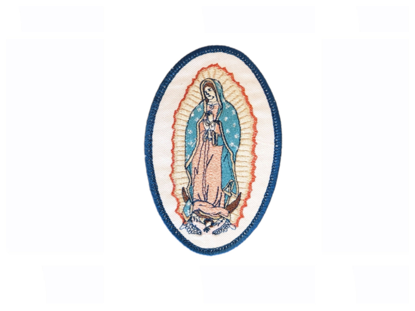 Our Lady of Guadalupe oval badge, religious patch, iron on badge, sew on patch, embroidered badge, embroidered patch, St Juan Diego, pilgrimage