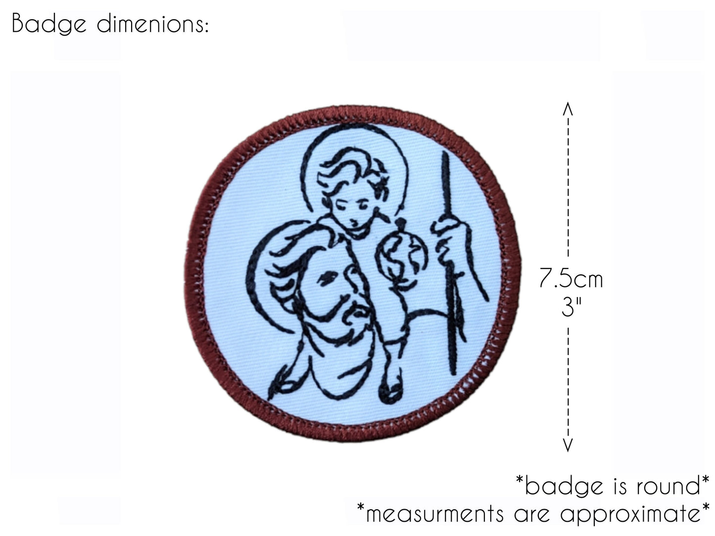St Christopher badge, religious patch, iron on badge, sew on patch, Pilgrimage, Patron Saint of travelers, Pilgrim, Christopher and Jesus