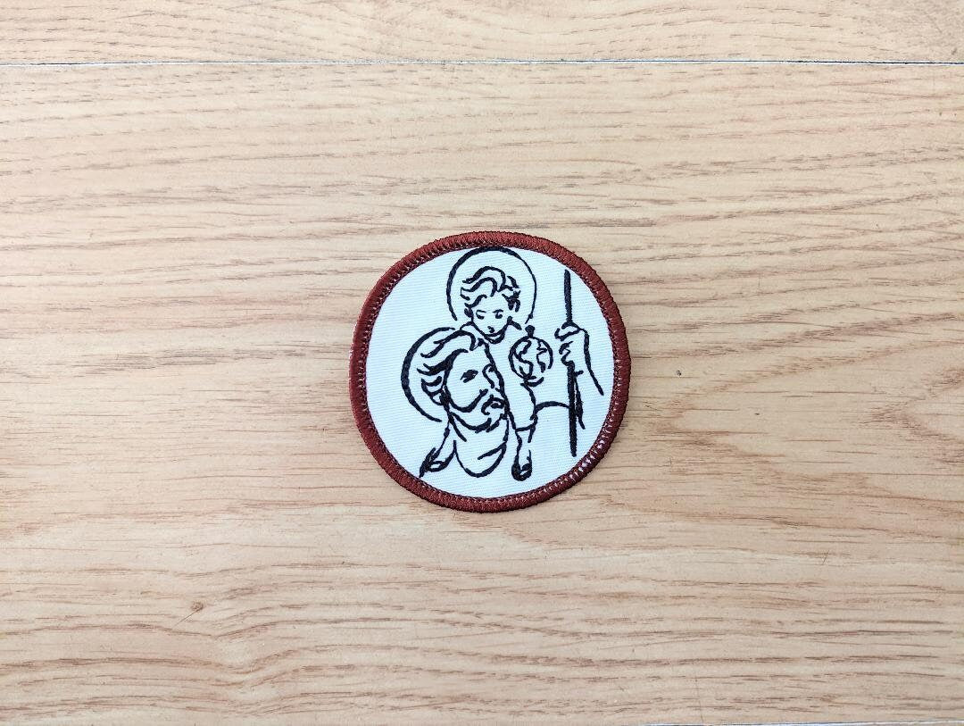 St Christopher badge, religious patch, iron on badge, sew on patch, Pilgrimage, Patron Saint of travelers, Pilgrim, Christopher and Jesus