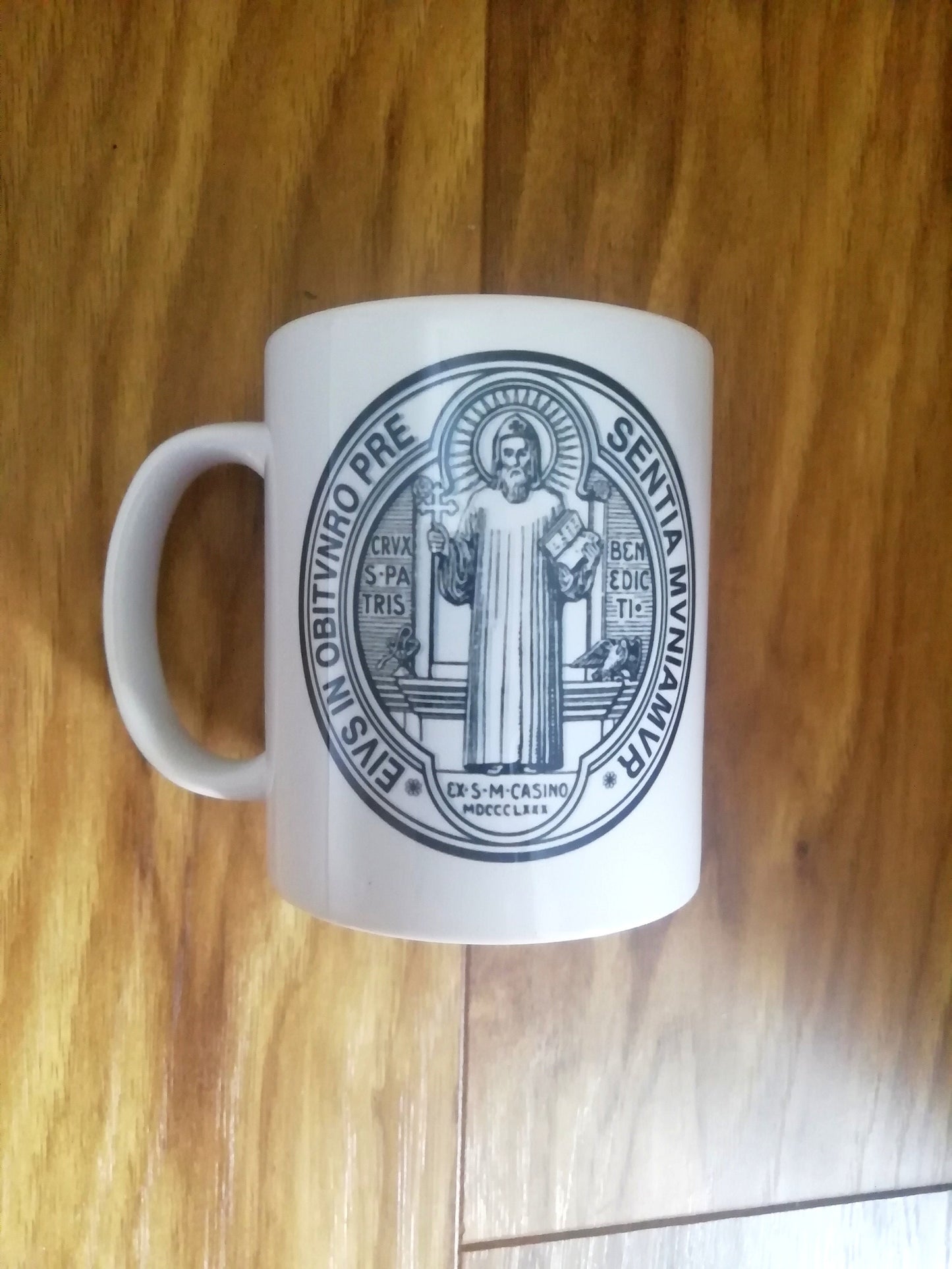 Saint Benedict, b. & w. St. Benedict medal, Catholic Mug, Catholic gift, Stocking stuffer, Baptism, Holy Communion, Confirmation, Present