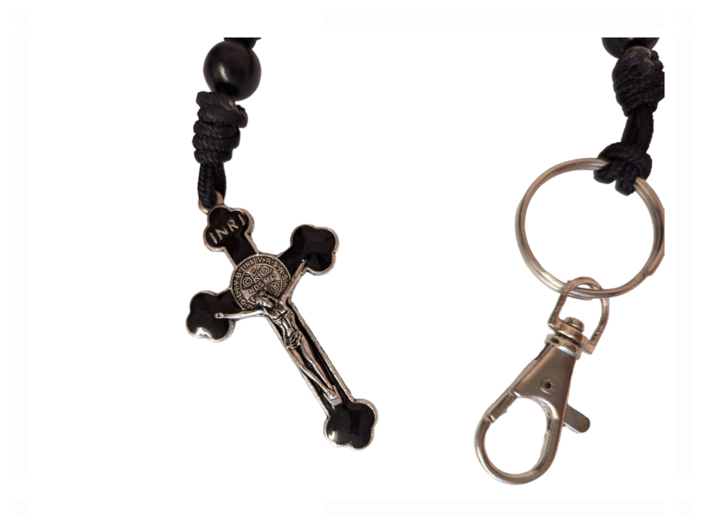 Paracord Black Rosary keyring, Black St Benedict crucifix, One decade metal & knot Rosary, Strong, Catholic Rosary, Pilgrimages, Knotted Rosary, Unbreakable, Waterproof