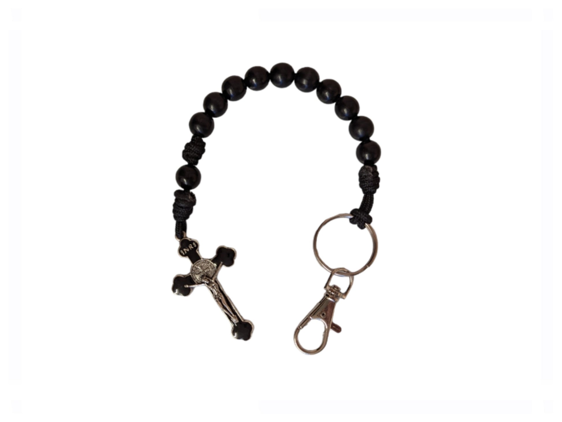 Paracord Black Rosary keyring, Black St Benedict crucifix, One decade metal knot Rosary, Strong, Catholic Rosary, Pilgrimages, Knotted Rosary,